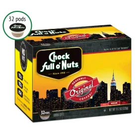 Chock Full o Nuts Single Serve Coffee Pods, Original, Medium Roast, 32 Ct