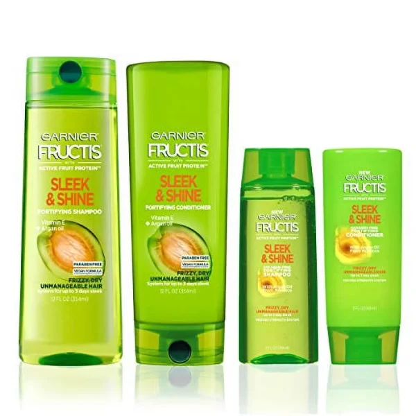 Garnier Frutics Sleek and Shine Shampoo and Conditioner, For Frizzy, Dry Hair, Made with Argan Oil from Morocco, Paraben Free Formula, 1 Kit with Full Size and Travel Size